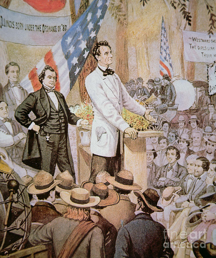 Abraham Lincoln Painting - Abraham Lincoln in public debate with Stephen A Douglas in Illinois, 1858  by American School