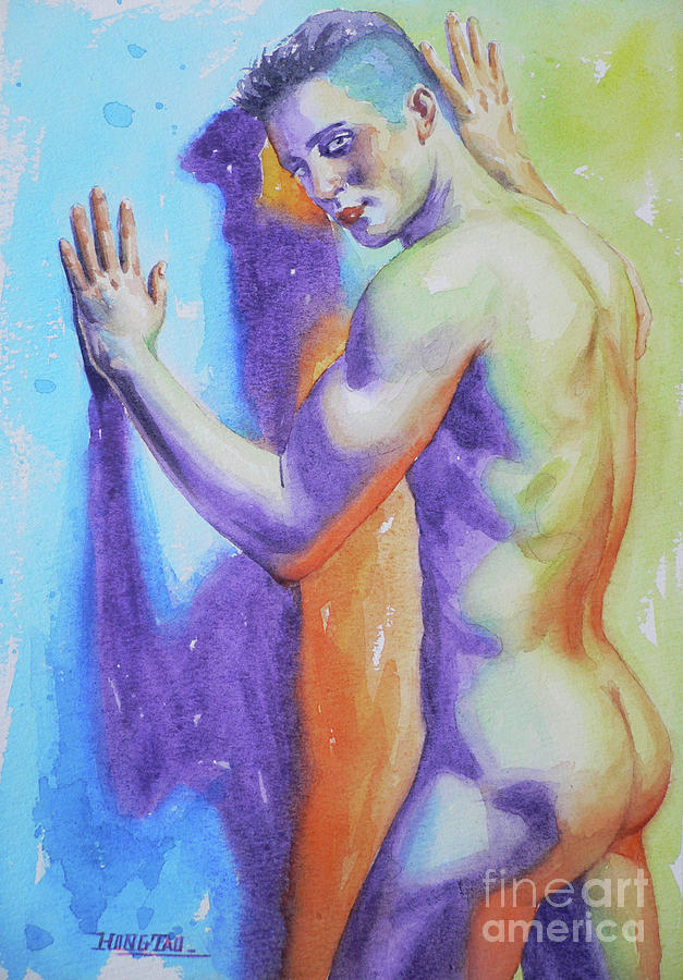 Abrstract watercolor painting male nude #17-1-3 Painting by Hongtao Huang