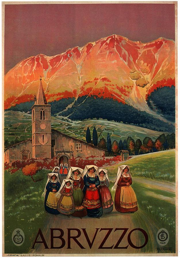 Abruzzo, Italy - Church, Mountains - Retro Travel Poster - Vintage Poster Mixed Media