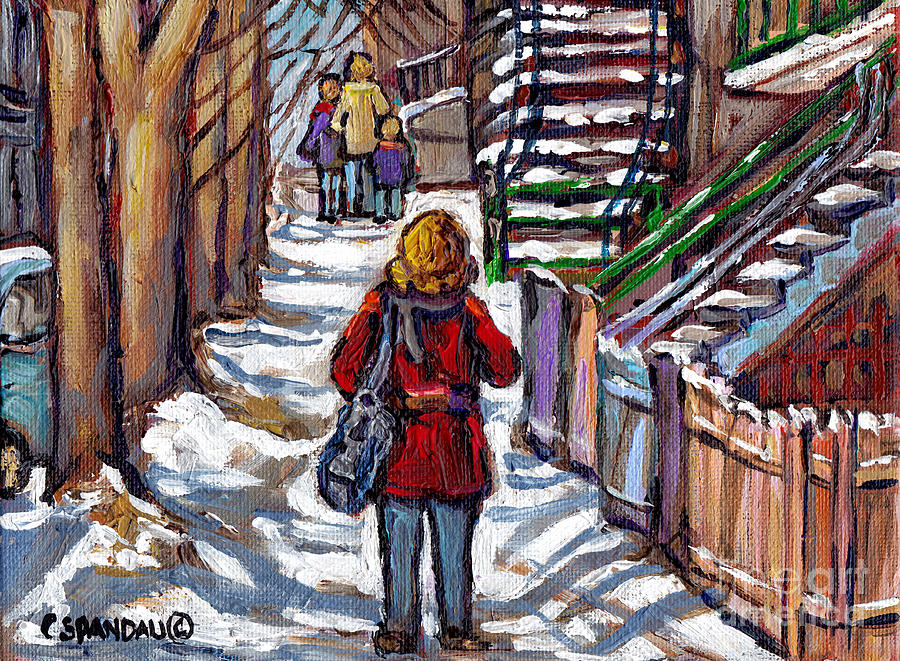 En Route Vers Lecole Escaliers De Montreal Scenes De Ville Peintures A Vendre Painting by Carole Spandau