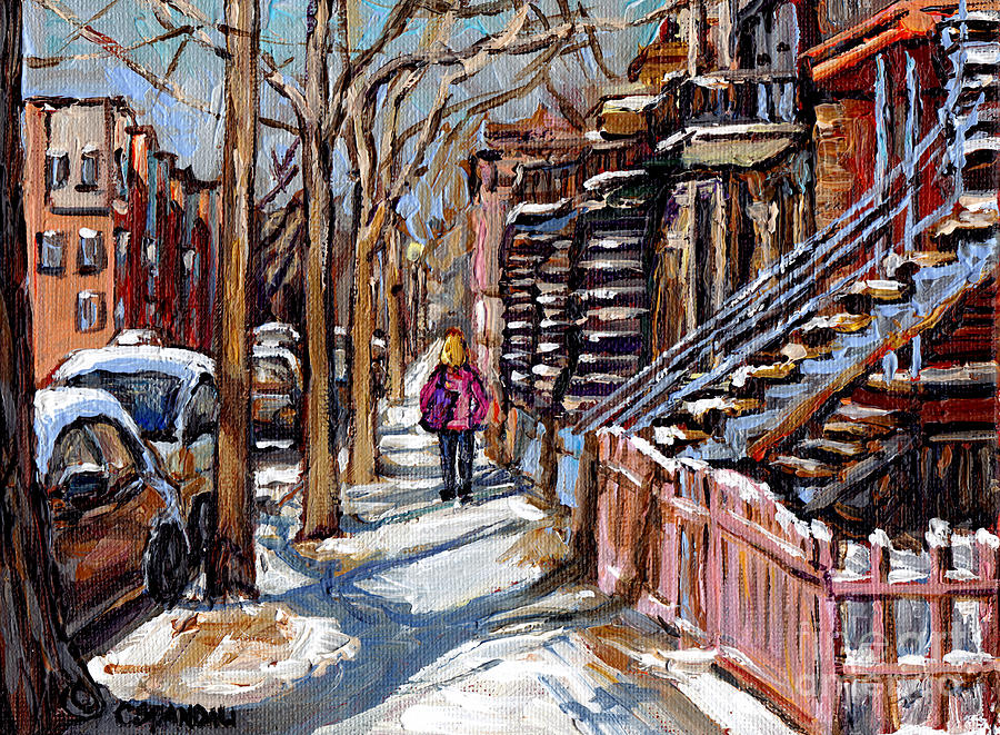 Scenes De Ville De Montreal En Hiver Original Quebec Art For Sale Montreal Street Scene Painting by Carole Spandau