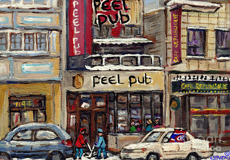 Rue Peel Montreal En Hiver Parie De Hockey De Rue Peel Pub Painting by Carole Spandau