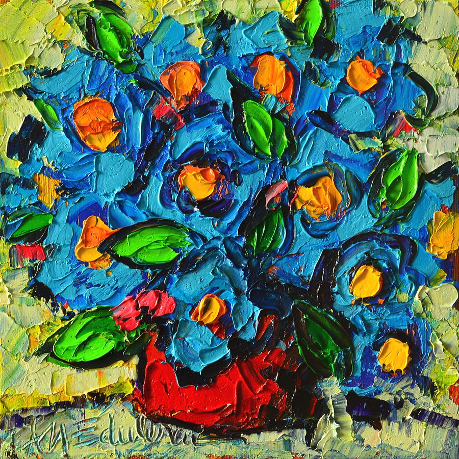 Poppy Painting - Abstract Blue Poppies In Red Vase Modern Original Palette Knife Oil Painting By Ana Maria Edulescu by Ana Maria Edulescu