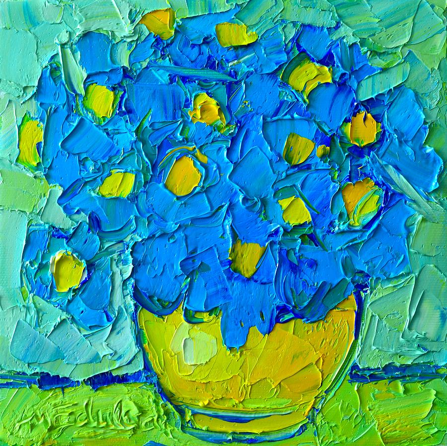 Abstract Blue Poppies In Yellow Vase - Original Palette Knife Oil Painting Painting by Ana Maria Edulescu