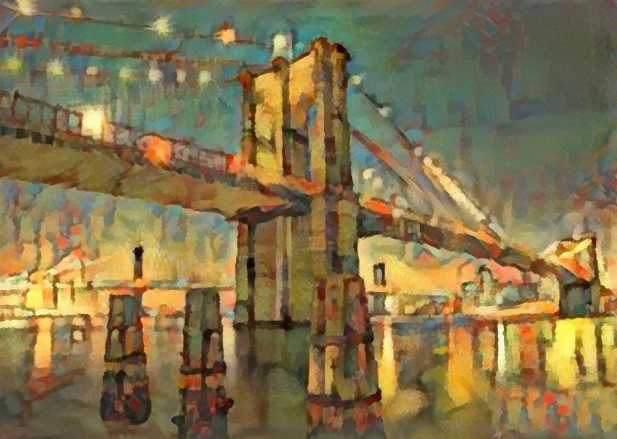 Brooklyn Bridge Digital Art - Abstract Cable Bridge At Night L B by Gert J Rheeders