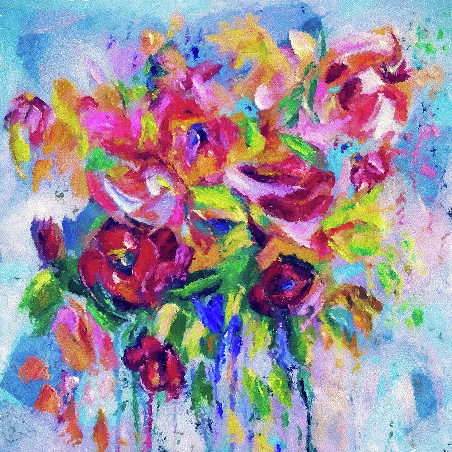 Emmas Colorful Flowers Contemporary Abstract Wall Art Painting by Lena Owens - OLena Art Vibrant Palette Knife and Graphic Design
