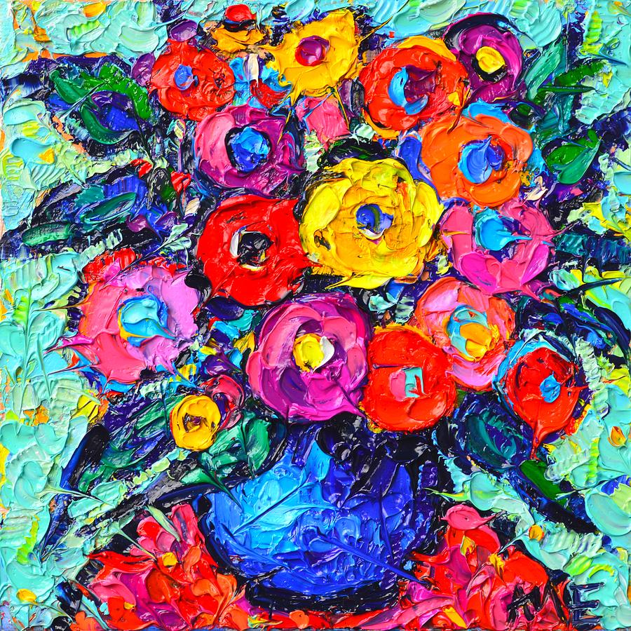 Abstract Painting - Abstract Colorful Wild Roses Modern Impressionist Palette Knife Oil Painting By Ana Maria Edulescu  by Ana Maria Edulescu