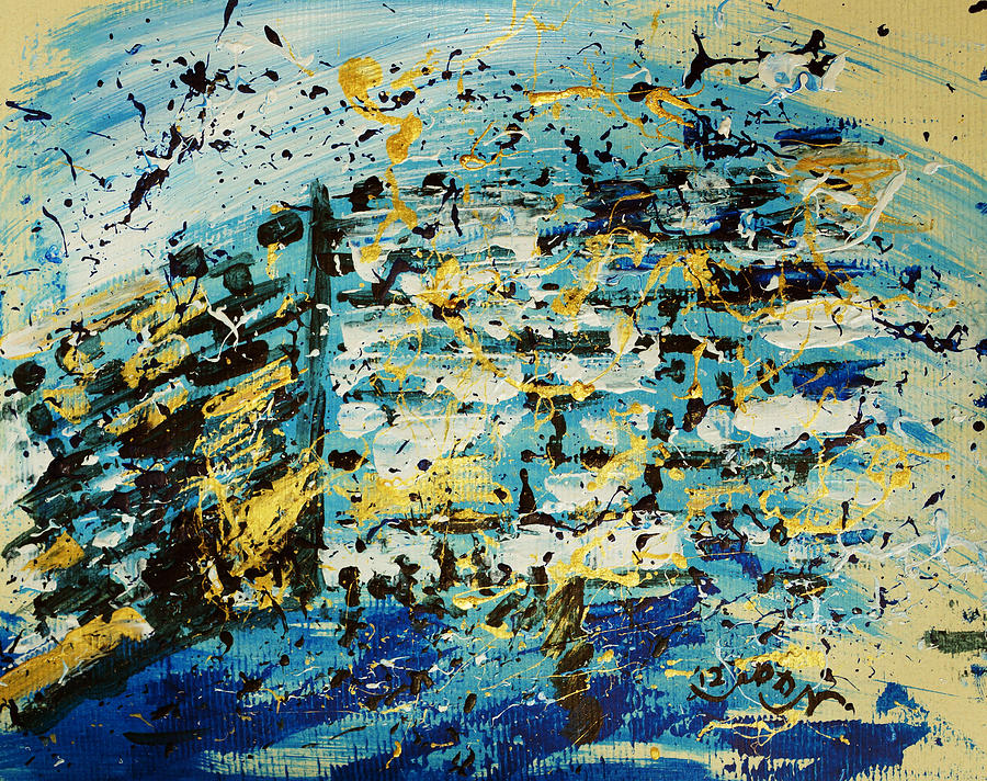 Abstract Contemporary Western Wall Kotel Prayer Painting with Splatters in Blue Gold Black Yellow Painting by M Zimmerman