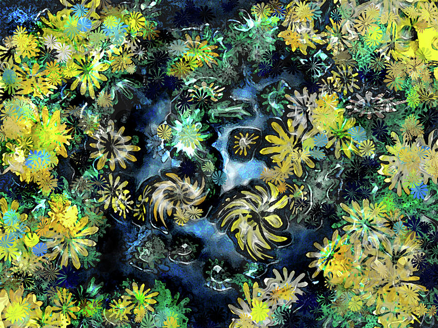 Abstract Digital Art - Abstract Daisy Pond Yellow Green and Navy Blue by Tori Pollock