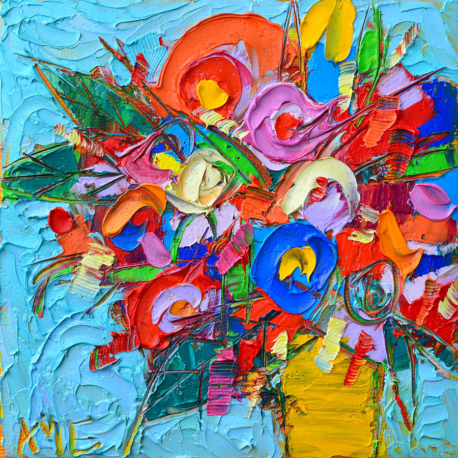 Abstract Flowers Floral Miniature Modern Impressionist Palette Knife Oil Painting Ana Maria Edulescu Painting by Ana Maria Edulescu