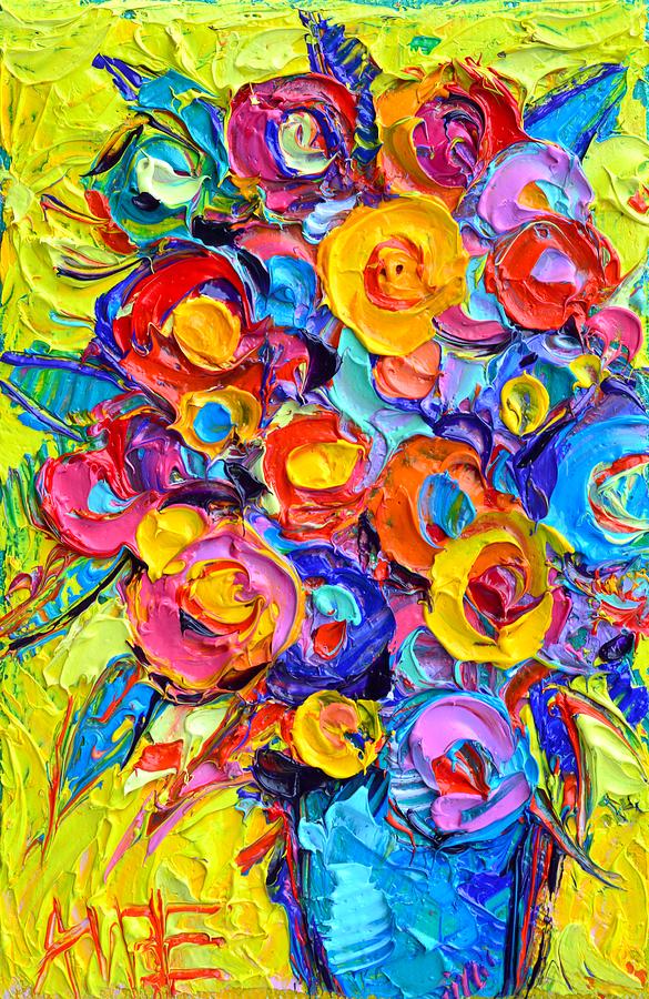 Abstract Painting - ABSTRACT FLOWERS OF HAPPINESS modern textural impressionist impasto knife oil by Ana Maria Edulescu by Ana Maria Edulescu