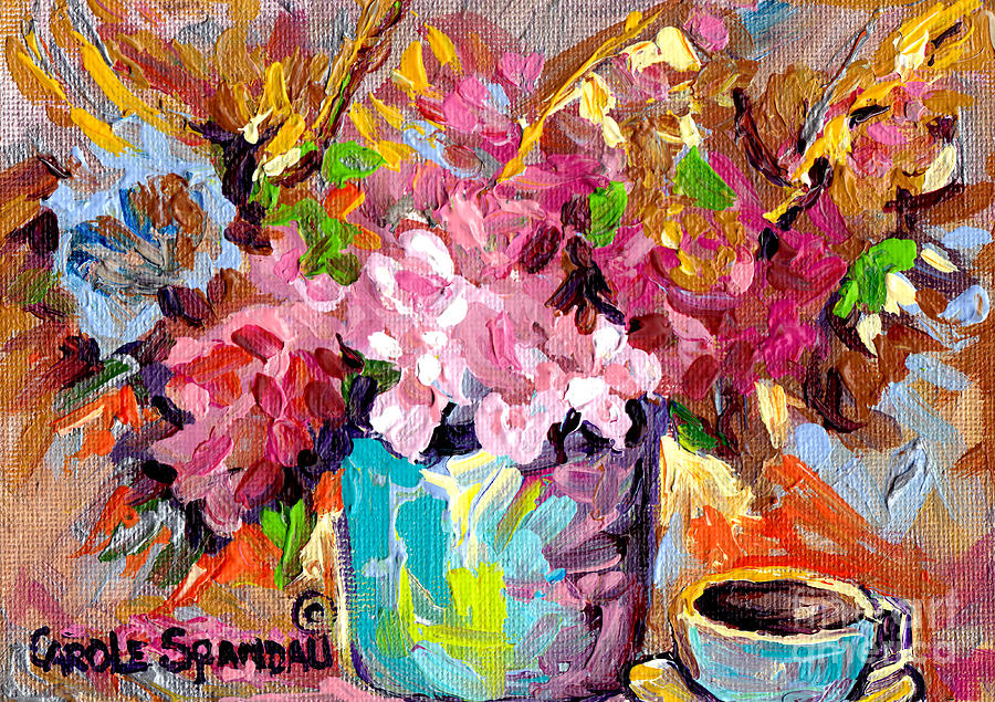Abstract Foral Bouquet In Blue Vase And Blue Cup Colorful Original Painting Carole Spandau Painting by Carole Spandau