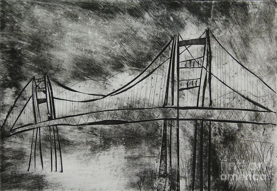 Abstract Golden Gate Bridge Black and White Dry Point Print Cropped Mixed Media by Marina McLain