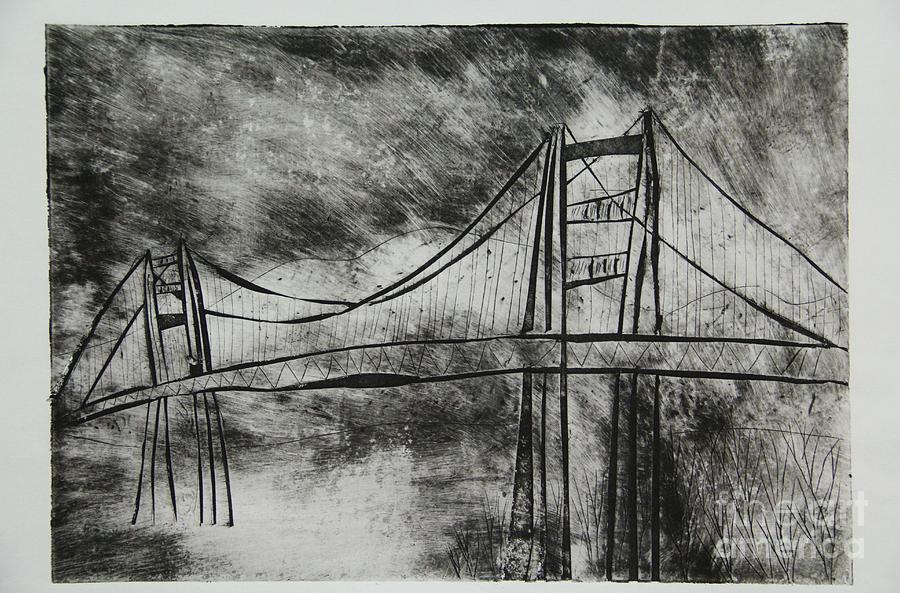 Abstract Golden Gate Bridge Black and White Dry Point Print Mixed Media by Marina McLain