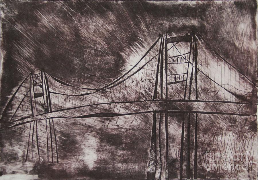 Abstract Golden Gate Bridge Dry Point Print Cropped Mixed Media by Marina McLain