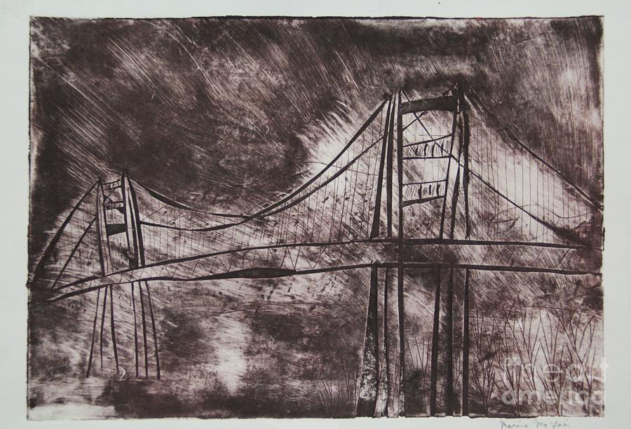 Abstract Golden Gate Bridge Dry Point Print Mixed Media by Marina McLain