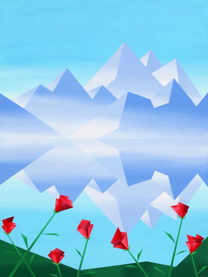 Abstract Mountain Lake Reflection with Red Flowers Painting by Mark Webster