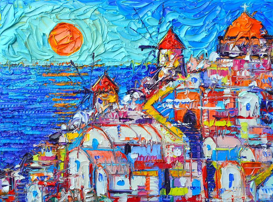 ABSTRACT OIA SUNSET SANTORINI impressionist impasto palette knife oil painting by Ana Maria Edulescu Painting by Ana Maria Edulescu