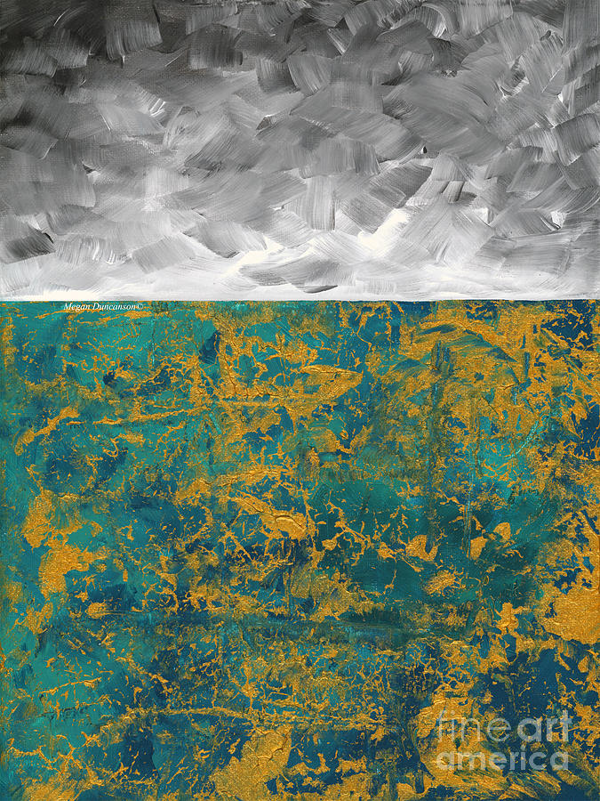 Abstract Original Painting Contemporary Metallic Gold and Teal with Gray MADART Painting by Megan Aroon