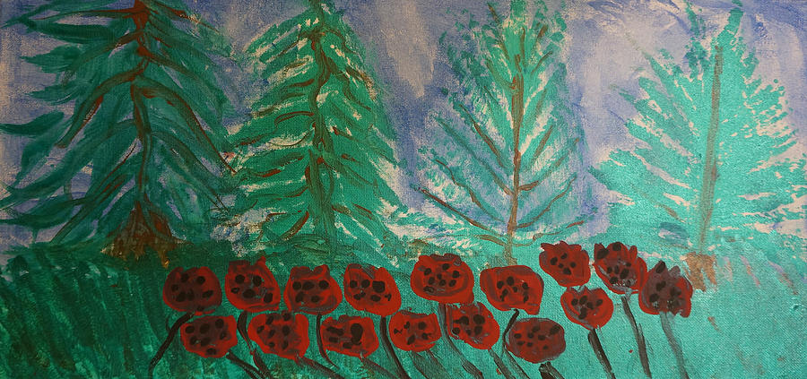 Abstract Pine Forest with Poppies Painting by Celestial Images