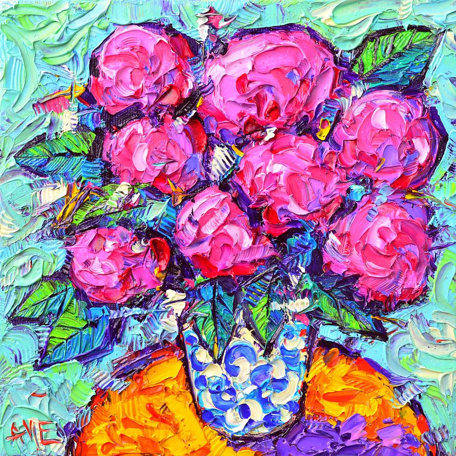 ABSTRACT PINK HYDRANGEAS modern textural impressionist impasto knife oil painting Ana Maria Edulescu Painting by Ana Maria Edulescu
