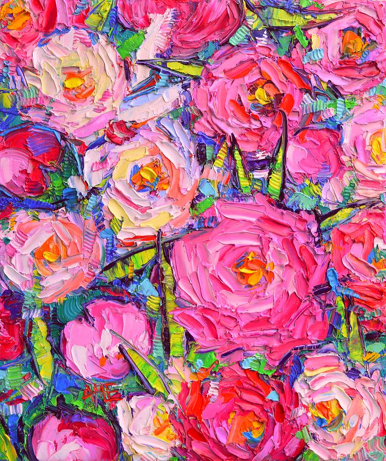 ABSTRACT PINK PEONIES modern textural impressionist impasto knife oil painting by Ana Maria Edulescu Painting by Ana Maria Edulescu