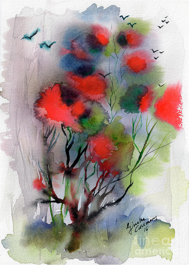 Abstract Poinciana Tree Watercolor Painting by Ginette Callaway