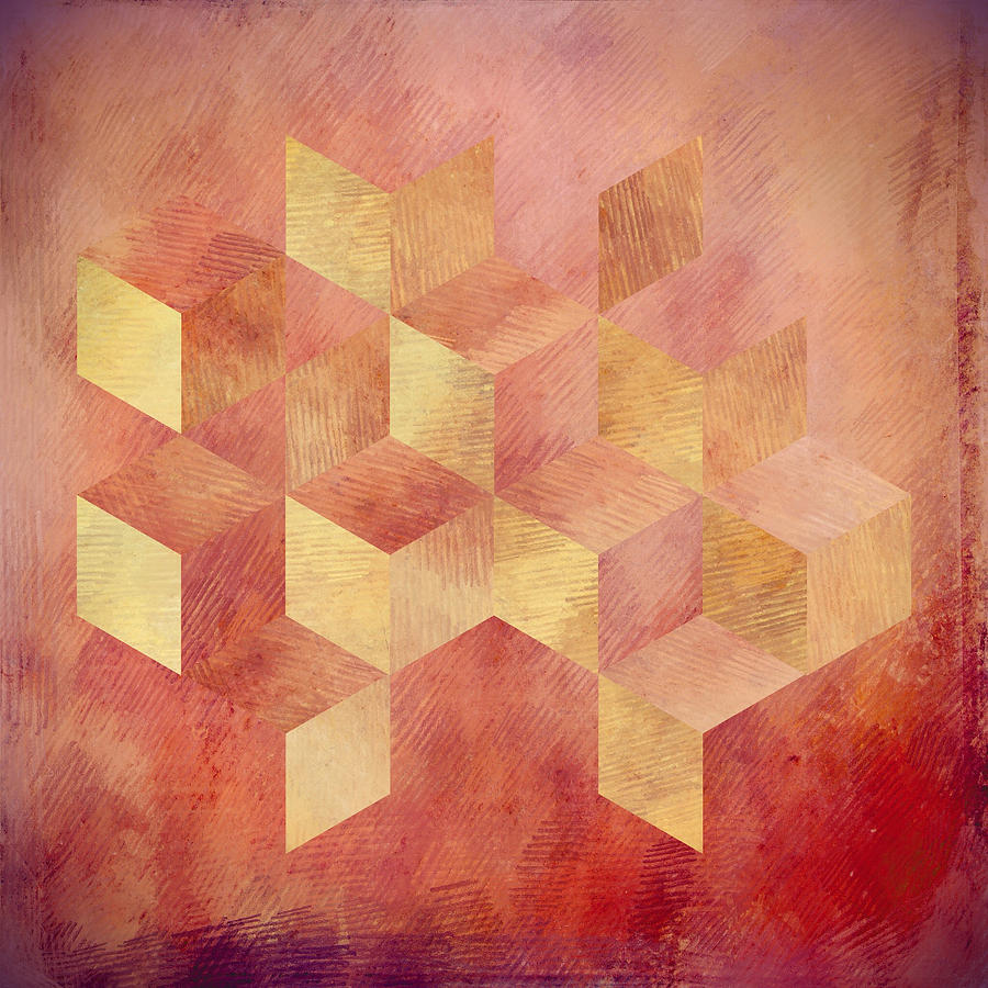 Abstract Digital Art - Abstract Red and Gold Geometric Cubes by Brandi Fitzgerald