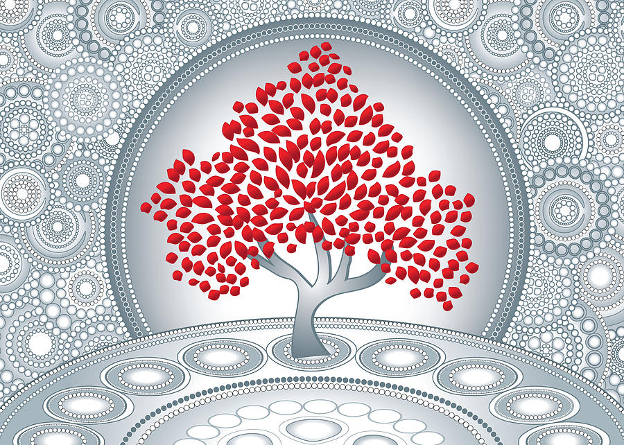 Abstract Red Tree With Silver Circles Greeting Card Digital Art by Serena King