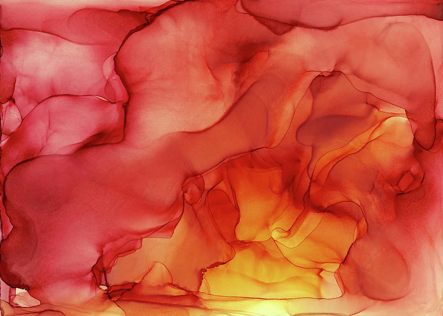 Abstract Red Yellow Alcohol Ink Painting - Red Sunset Painting by Olga Shvartsur