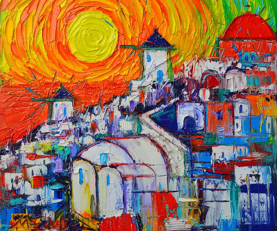Greek Painting - ABSTRACT SANTORINI OIA SUNSET 4 impasto cityscape palette knife oil painting by Ana Maria Edulescu by Ana Maria Edulescu
