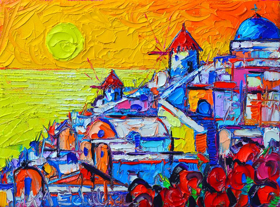 Greek Painting - ABSTRACT SANTORINI OIA SUNSET 8 cityscape impasto palette knife oil painting by Ana Maria Edulescu by Ana Maria Edulescu
