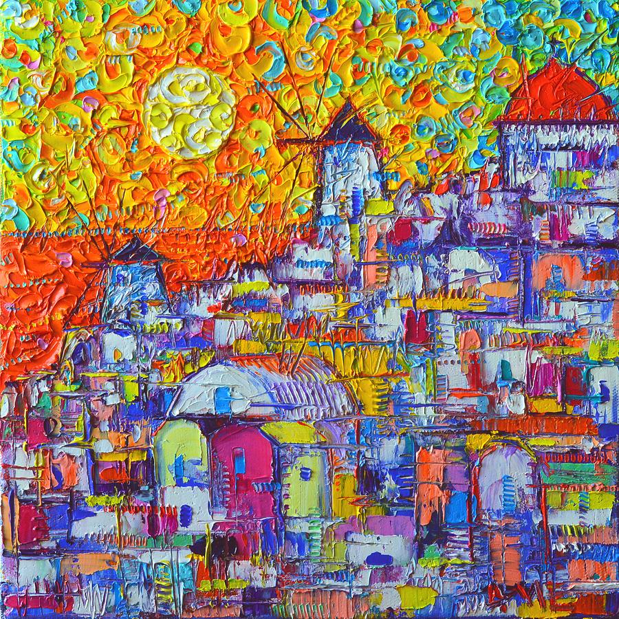 ABSTRACT SANTORINI OIA SUNSET FLORAL SKY impressionist palette knife painting  Ana Maria Edulescu Painting by Ana Maria Edulescu