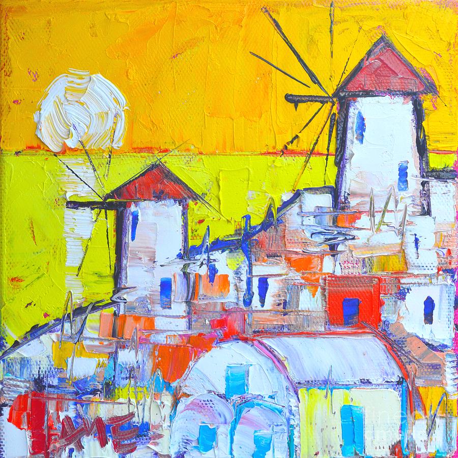 Abstract Santorini Oia Windmills At Sunset  Painting by Ana Maria Edulescu