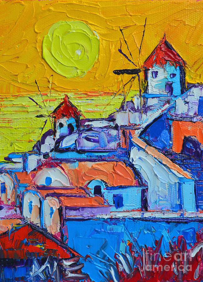Abstract Santorini Sunset Oia Windmills  Painting by Ana Maria Edulescu