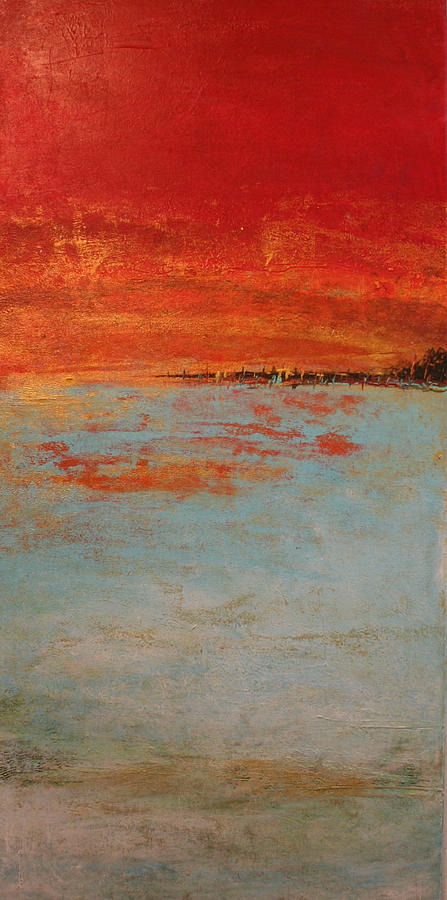 Abstract Teal Gold Red Landscape Painting by Alma Yamazaki
