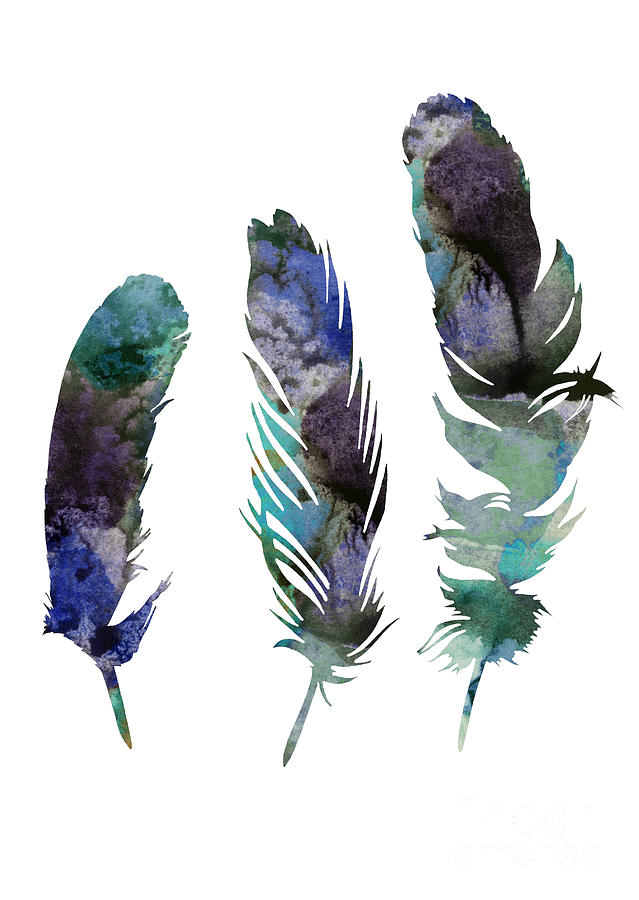 Feather Painting - Abstract three feathers watercolor painting by Joanna Szmerdt