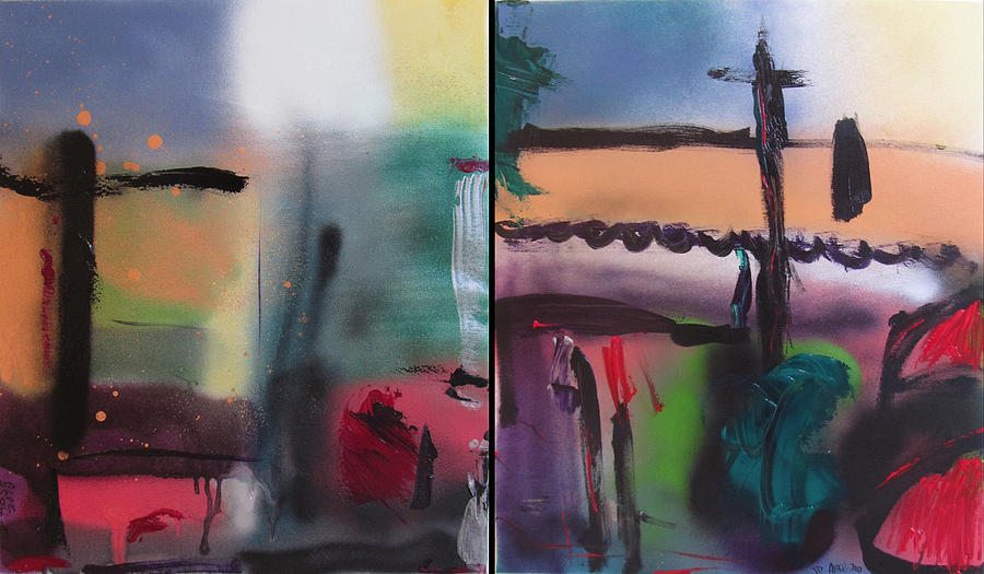 Abstract Painting - Abstract Townscape Diptych by David Abse
