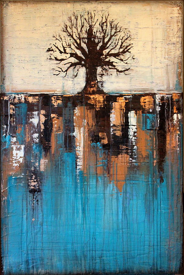 Abstract Tree In Teal Landscape - Texture Painting - Teal And Brown