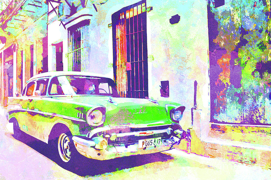 Abstract Watercolor - Havana Cuba Classic Cadillac I Mixed Media by Chris Andruskiewicz