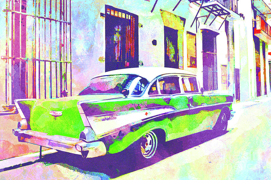 Abstract Watercolor - Havana Cuba Classic Cadillac II Mixed Media by Chris Andruskiewicz