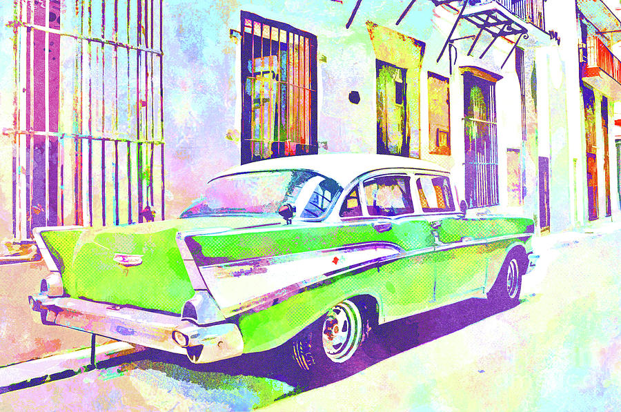 Abstract Watercolor - Havana Cuba Classic Cadillac III Mixed Media by Chris Andruskiewicz