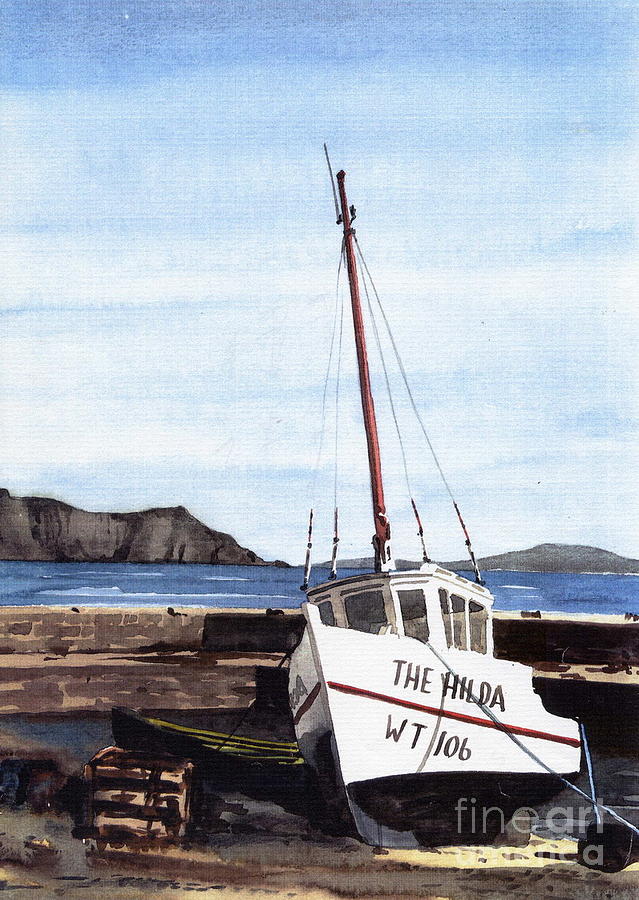 Achill.. The Hilda in Purteen Harbor Painting by Val Byrne