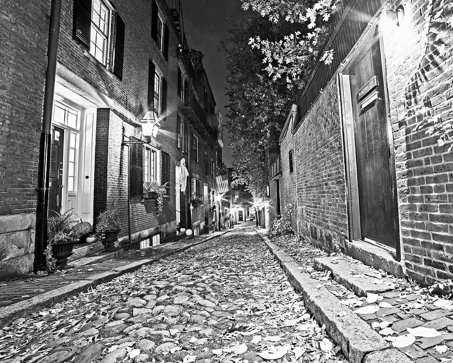 Acorn Street Autumn Boston Mass Street Light Black and White Photograph by Toby McGuire