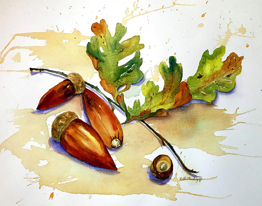 Acorns and Leaves Painting by Hilda Vandergriff