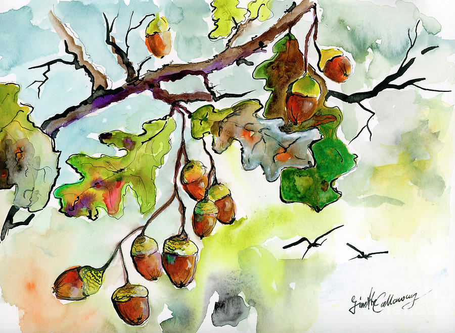 Acorns and Oak Leaves Autumn Impression Painting by Ginette Callaway