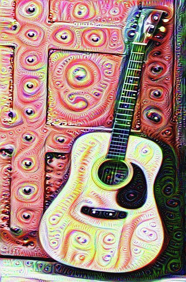 Acoustic Guitar on a Red Door Rendering Photograph by Bill Cannon