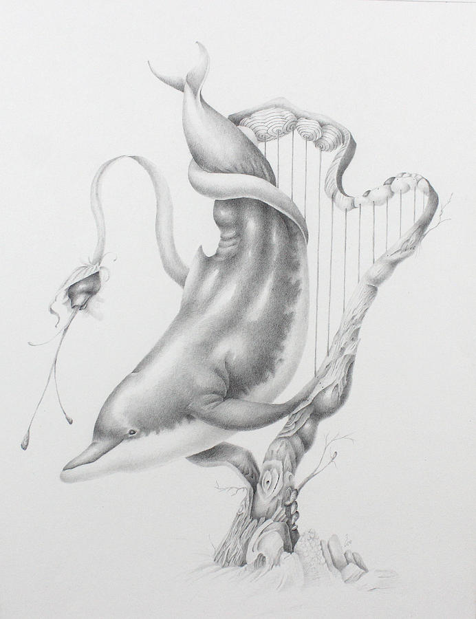 Pencil Drawing - Acoustic Ocean, Harp and Dolphin by Kay Walker Pencil Drawing - Acoustic Ocean, Harp and Dolphin by Kay Walker