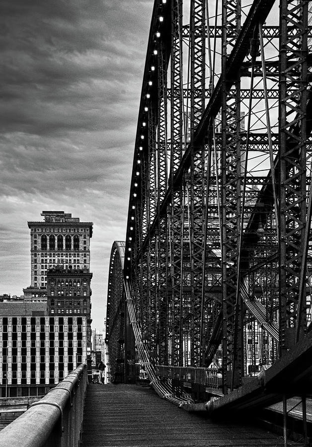 Crossing the Smithfield Street Bridge - Pittsburgh - Black and White Photograph by Mitch Spence