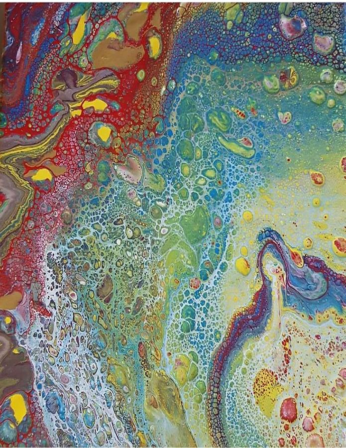 Acrylic Dirty Pour #3 using blue red and yellow Painting by Cynthia Silverman